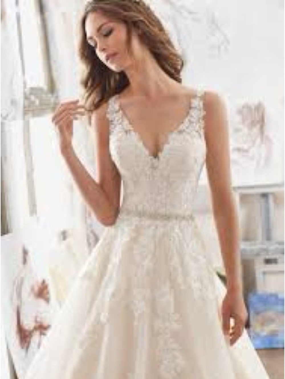Ivory Lace A-Line Wedding Dress with Beaded Waist